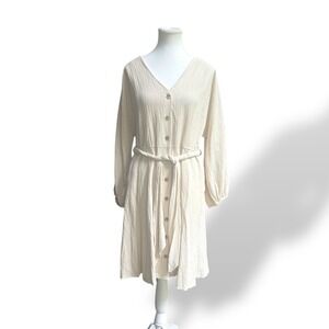 Calvin‎ Klein Belted Boho Hippie Midi Dress Long Sleeve Casual Beige Size 8